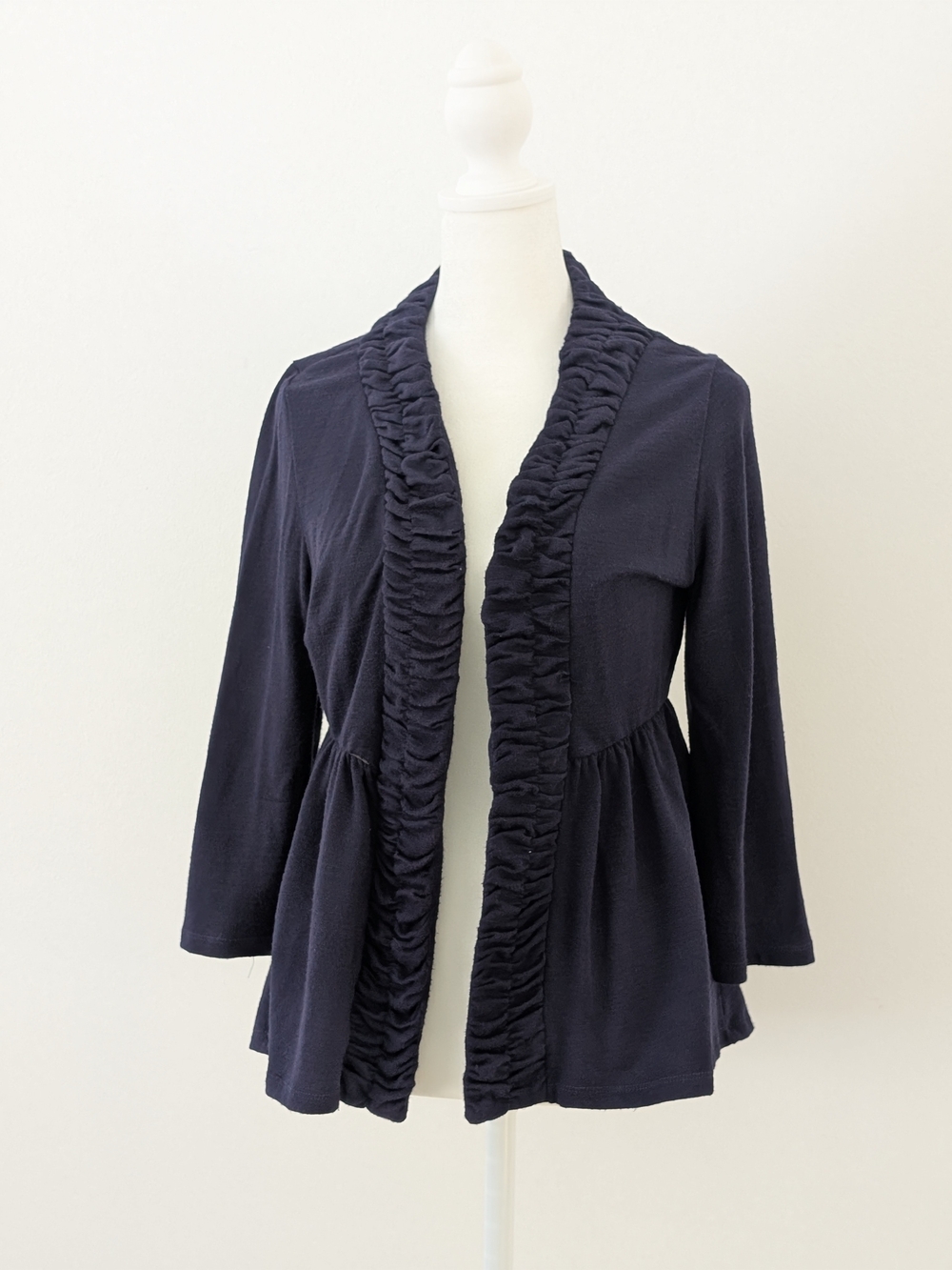 Forever Fashion Cardigan Women M Navy Ruffled Trim Open Front Cover Up Casual